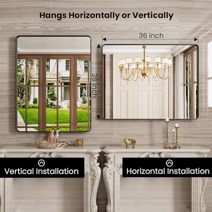 Black Bathroom Mirror 28X36 Inch, Black Metal Framed Mirror for Wall, Rounded Rectangle Matte Bathroom Vanity Mirror with Tempered Glass, Anti-Rust, Horizontal/Vertical