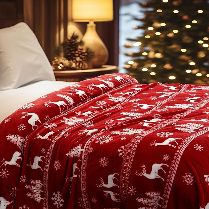 PHF Printed Fleece Blanket King Size, No Shed No Pilling Ultra Soft Plush Cozy Xmas Prints Theme Home Décor Flannel Blanket for Bed, Sofa, Couch and Gift, 108" x 90", Reindeer and Trees, Red