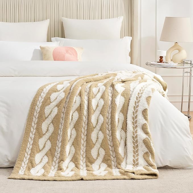 Amélie Home Cable Knit Throw Blanket for Couch, Bicolour Super Soft Cozy Fuzzy Plush Throws for Sofa, 50" x 60", Cable Beige &amp; White