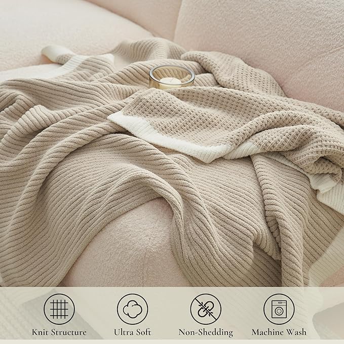 Amélie Home Waffle Throw Blanket for Couch Twin, Soft Cozy Chenille Knit Blanket Warm Decorative Throw for Sofa, Bed, Living Room, 60"x80", Beige