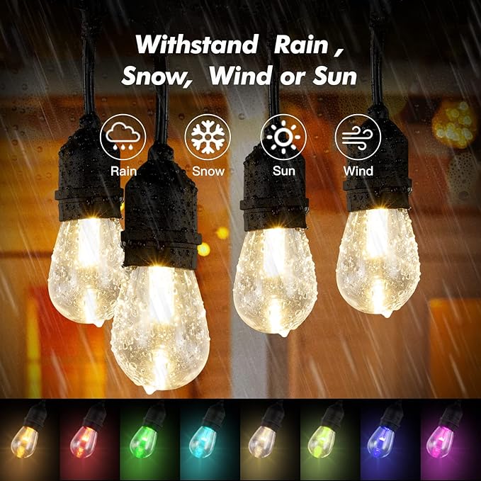 96FT Solar Outdoor String Lights, 30 Shatterproof Edison LED Bulbs, Dimmable RGB Color Changing Patio Lights Waterproof with Remote. for Patio Decor, Garden, Yard,Commercial Use.