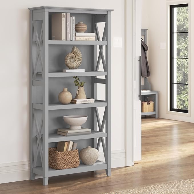 Bush Furniture Tall 5 Shelf Bookcase for Living Room or Home Office, Large Bookshelf, Modern Farmhouse Style, Key West Collection, Cape Cod Gray