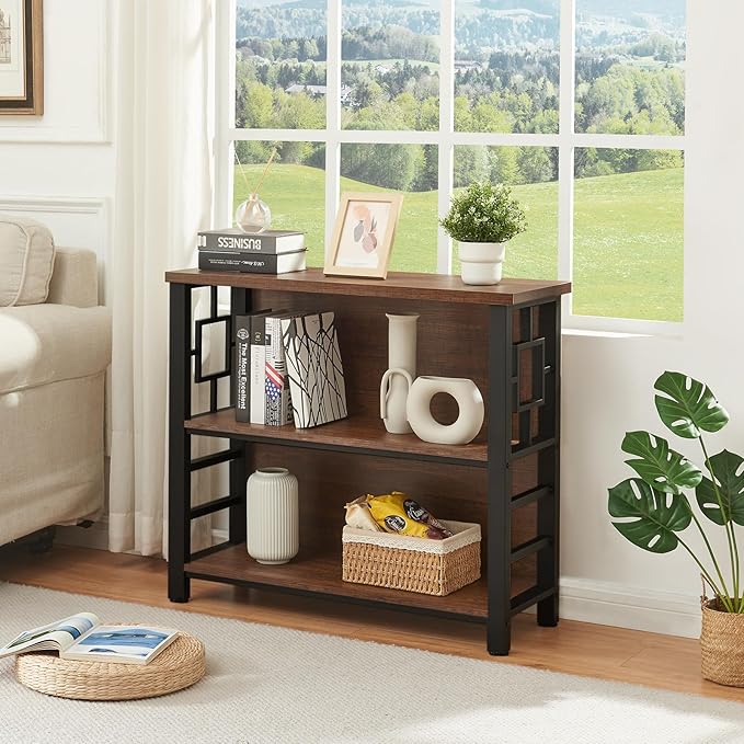 HOMISSUE Book Shelf, 3 Tier Deep Bookshelf with Storage, Engineered Wood and Metal Shelf Bookcase, Low Short Bookcases for Small Space, Living Room, Bedroom, Office, Rustic Brown