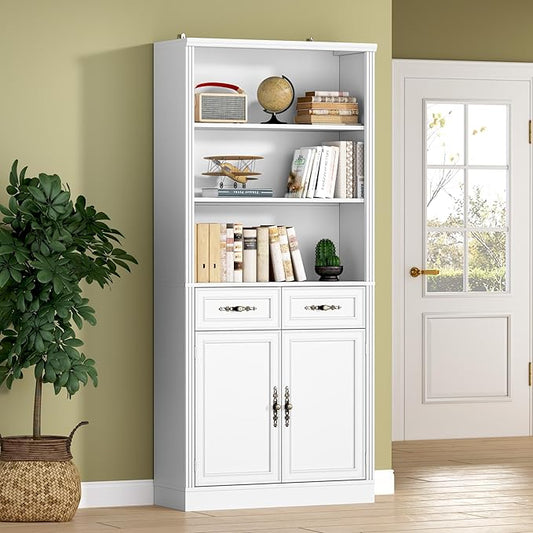 71.4" Tall Bookshelf with Drawers &amp; Cabinet, 5-Tier Floor Standing Bookcase with Storage Doors, Adjustable Shelves &amp; Metal Handles, 31.5" Wide Organizer for Home Office, Living Room