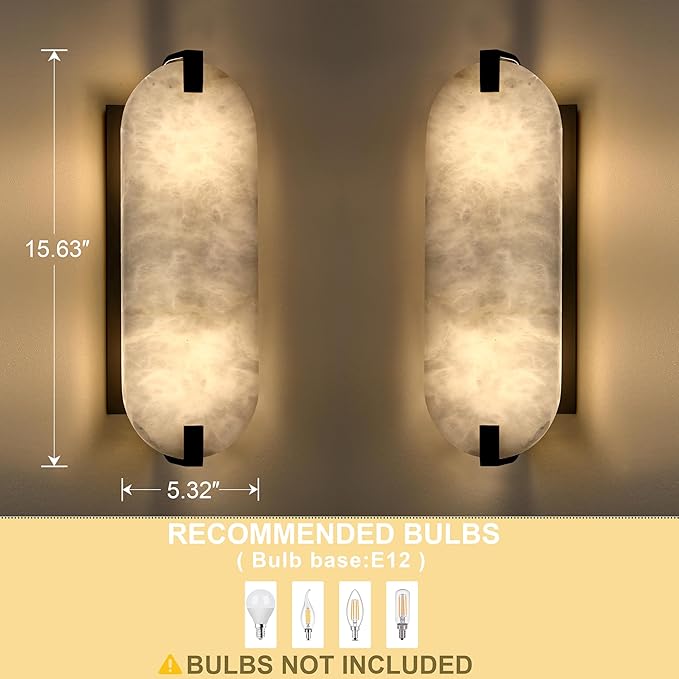 2 Light 15.63" Natural Oval Alabaster Marble Bathroom Wall Sconce Modern Concise Style Wall Light Fixture,Black Finish for Bedroom Hallway Bedside Living Room