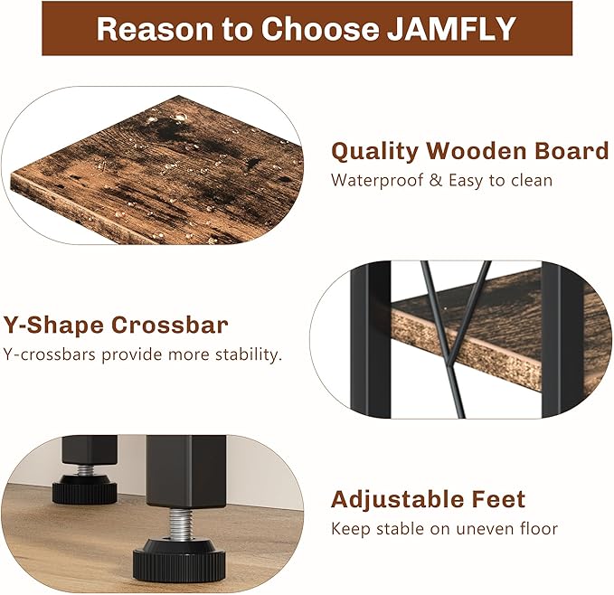 JAMFLY 5-Tier Corner Bookshelf, Industrial Corner Bookcase, Book Shelves with Metal Frame, Large Open Display Bookshelfs, L-Shaped Shelf for Living Room, Home Office, Rustic Brown