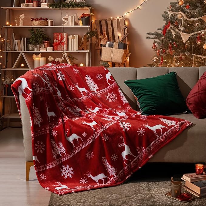 PHF Printed Fleece Throw Blanket, No Shed No Pilling Ultra Soft Plush Cozy Xmas Prints Theme Home Décor Flannel Blanket for Bed, Sofa, Couch and Gift, 50" x 60", Reindeer and Trees, Red
