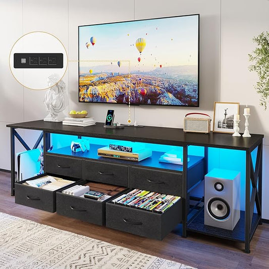 BTHFST TV Stand with LED Lights & Power Outlets, for TVs up to 80 Inches, 6 Fabric Drawers Entertainment Center with Open Storage Shelves, 63" TV Media Console Table for Living Room, Bedroom, Black