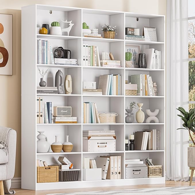 White Bookcase with 18 Display Shelves, Triple Column Book Case, 1PC 6 Tier Large Bookshelf, Freestanding Storage Shelf for Bedroom Living Room Home Office
