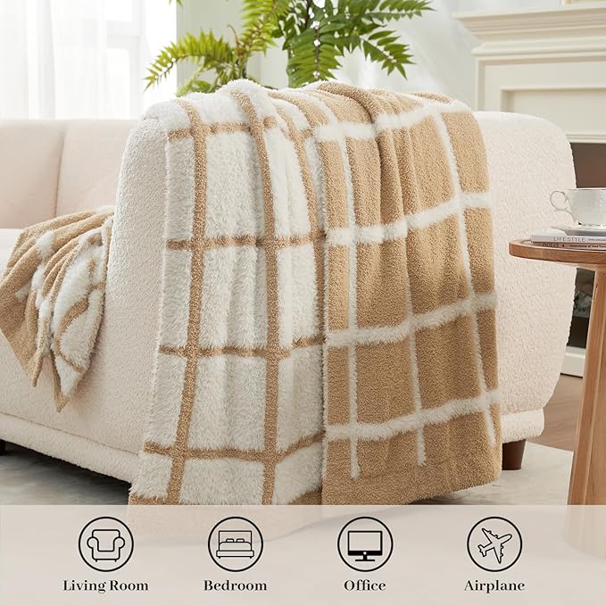 Amélie Home Checkered Knit Throw Blanket for Couch, Bicolour Super Soft Cozy Fuzzy Plush Throws for Sofa, 50" x 60", Plaid Beige