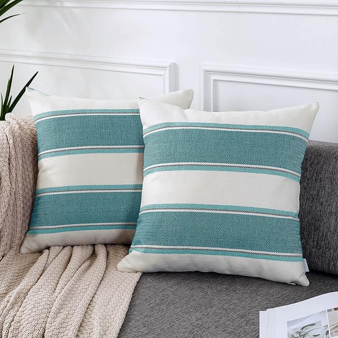 AmHoo Pack of 2 Farmhouse Linen Throw Pillow Cover Cushion Stripe Decoration Buffalo Retro Pillowcase with Hidden Zipper for Sofa Bedroom Car 22 x 22 Inch Teal