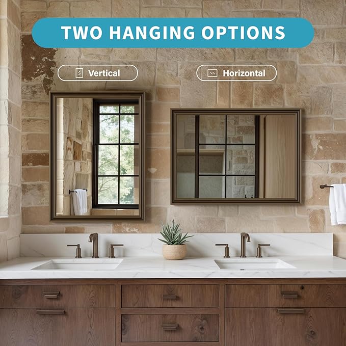 Retro Copper Effect Framed Wall Mirror, 24x36 Rectangle Mirror, 1/8"Anti-desilvering Tempered Glass, Sustainable&amp;Sturdy Frame, Anti-Rust, HD Reflection &amp;3min Fast Setup for Bathroom Living Room