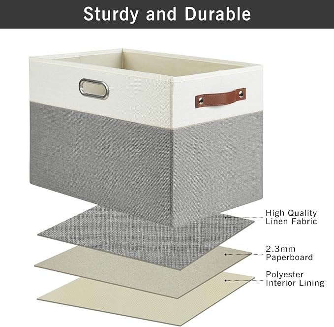 Large Collapsible Fabric Storage Bins with 3 Handles, Foldable Organizer Baskets for Closet, Shelves, Living Room | 3 Pack, Durable PU &amp; Metal Handles (17"x11.8"x11.8", Gray &amp; White)