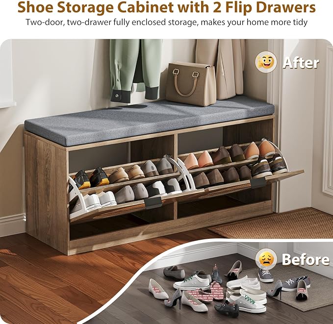 Rattan Storage Bench with Cushion &amp; Coat Rack, Shoe Rack with 2 Flip Drawers, Narrow Shoe Storage Cabinet, Shoe Bench for Entryway, Living Room, Rustic Oak, Round