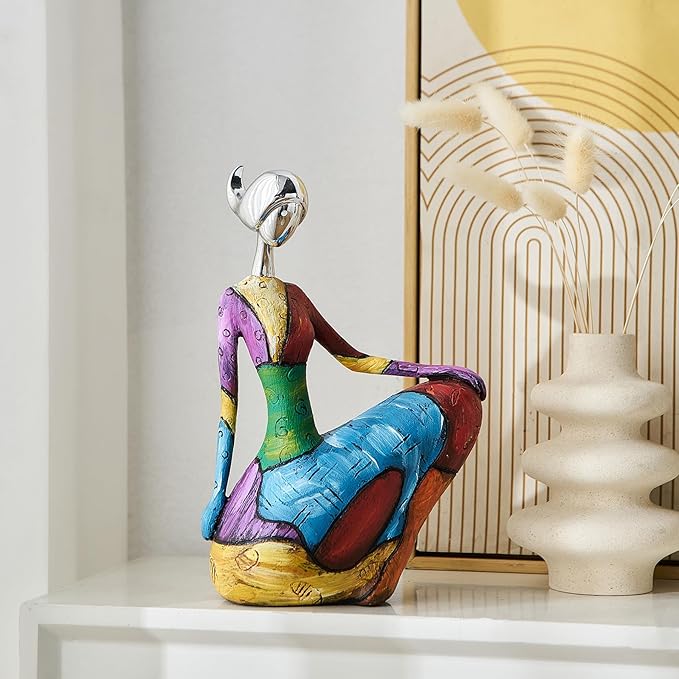 Octdays Art Female Sculpture Figurines, Abstract Woman Statue for Home Decor, Modern Colorful Sculpture Decorations for Living Room Shelf Office Cabinet Accents (Colorful-A)