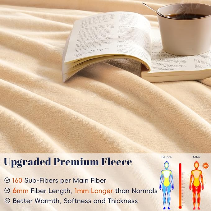 PHF Ultra Soft Fleece Blanket Queen Size, No Shed No Pilling Luxury Plush Cozy 300GSM Lightweight Blanket for Bed, Couch, Chair, Sofa Suitable for All Season, 90" x 90", Beige