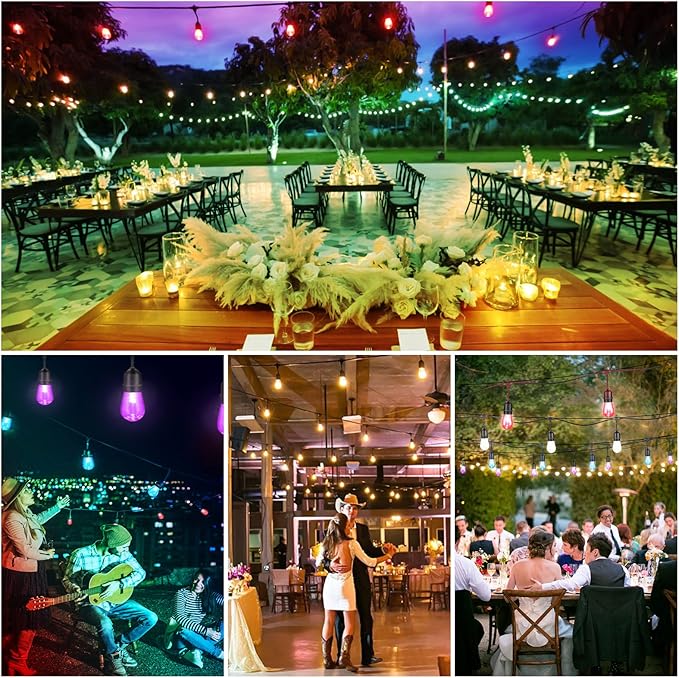 Mlambert 96Ft(2x48ft) Outdoor Patio Lights, RGB Dimmable Cafe String Lights with 30+5 Commercial Grade LED Edison Bulbs for Yard Balcony-Black 2 Pack