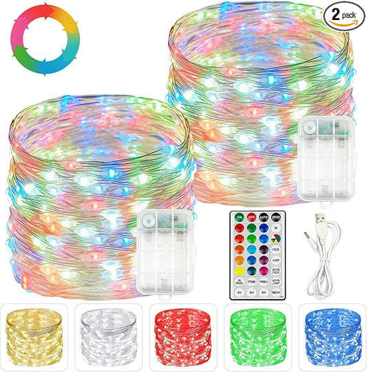 2 Pack Each 20FT 60LED Fairy Lights Battery Operated, RGB Color Changing String Lights, Indoor & Outdoor Battery Twinkle Light with Timer and Remote for Bedroom Wedding Birthday Halloween Decorations