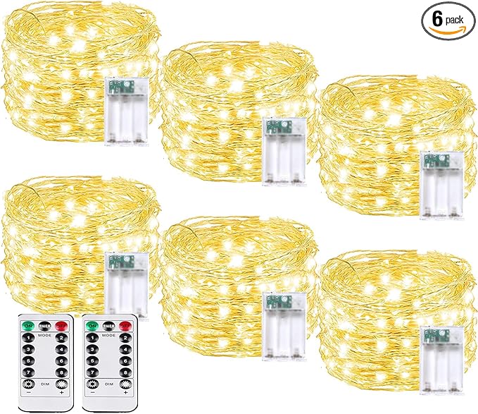 6 Pack Each 33FT 100LED Fairy Lights Battery Operated with Remote, Waterproof Twinkle Lights with Timer, Cuttable String Light Indoor & Outdoor for Bedroom Classroom Wedding DIY Christmas (Warm White)