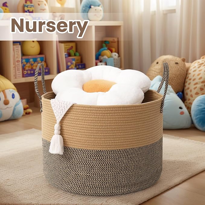 Woven Blanket Basket,65L Large Rope Storage Bin with Handles, Organizer for Blankets Toys Book and Clothes, Laundry Basket for Living Room Bedroom Nursery,Jute&amp;Black