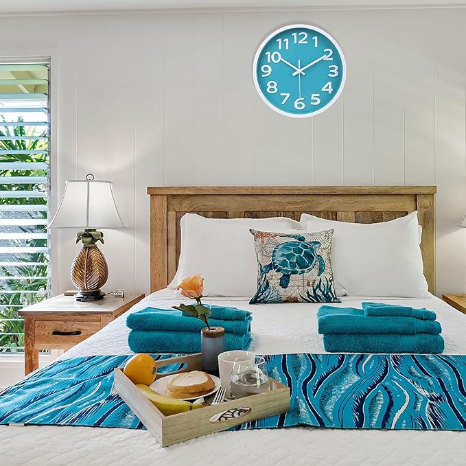 10 Inch Wall Clock Silent Non-Ticking,Modern Wall Clocks Battery Operated Easy to Read Quartz Analog Clock for Kitchen Bedroom Classroom School Bathroom Decor,Coastal Beach Theme (Aqua)