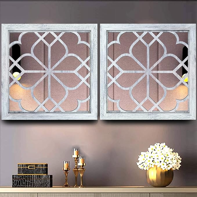 Wocred 2 PCS Square Wall Mirror,Gorgeous Rustic Farmhouse Accent Mirror,Rustic White Color Entry Mirror for Bathroom Renovation,Bedrooms,Living Rooms and More （20”）