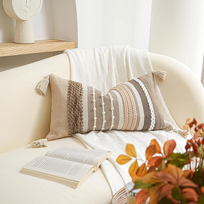 Fall Decorative Lumbar Throw Pillow Cover 14x24 Boho Brown Accent Cushion for Couch Sofa Farmhouse Pillowcase for Bedroom Living Room Home Décor Cover ONLY