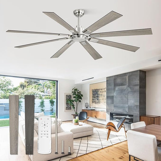 ZMISHIBO 72 Inch Ceiling Fan No Light with Remote Control, 8 Blades Quiet DC Reversible Motor, 6-Speed, Timer, Brushed Nickel Finish, Indoor Outdoor Ceiling Fans for Patios, Living Room, Garage
