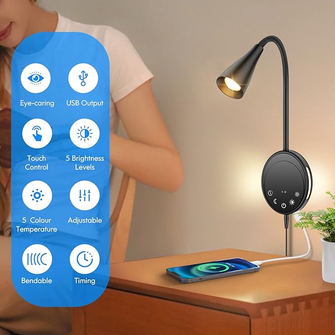 Wall Sconce Light Plug in, Wall Lamps USB Output 5 Color Dimmable Timer Touch Control, Bedside Reading Light, 360°Rotate Flexible Gooseneck Wall Lighting for Bedroom Living Room