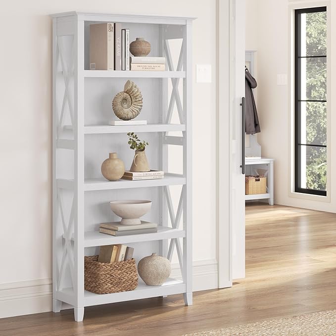 Bush Furniture Tall 5 Shelf Bookcase for Living Room or Home Office, Large Bookshelf, Modern Farmhouse Style, Key West Collection, Pure White Oak