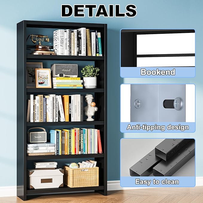 5 Tier Metal Bookshelf, Black 69" Tall Bookcase, Large Heavy Duty Book Shelves, Industrial Wide Book Shelves, Display Storage Shelves for Library Bedroom Living Room Office