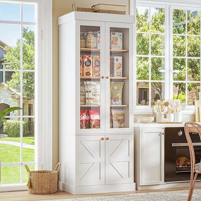 Vyre 71" Tall Farmhouse Kitchen Pantry, Large Storage Cabinets with Glass Doors, Adjustable Shelves, Wood Versatile Hutch Cabinet for Living Room, Dining Room