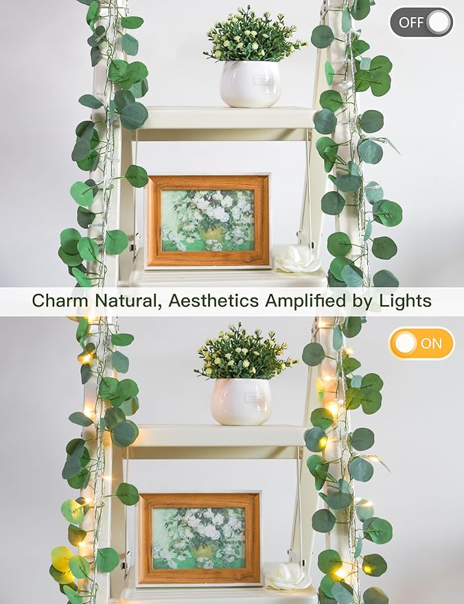 suddus Vines with Lights Plug in, 33ft 100 LED Eucalyptus Garland String Light Connectable with Remote, Leaf Lights for Bedroom, Room, Wall, Garden, Party, Wedding Decor (Warm White)