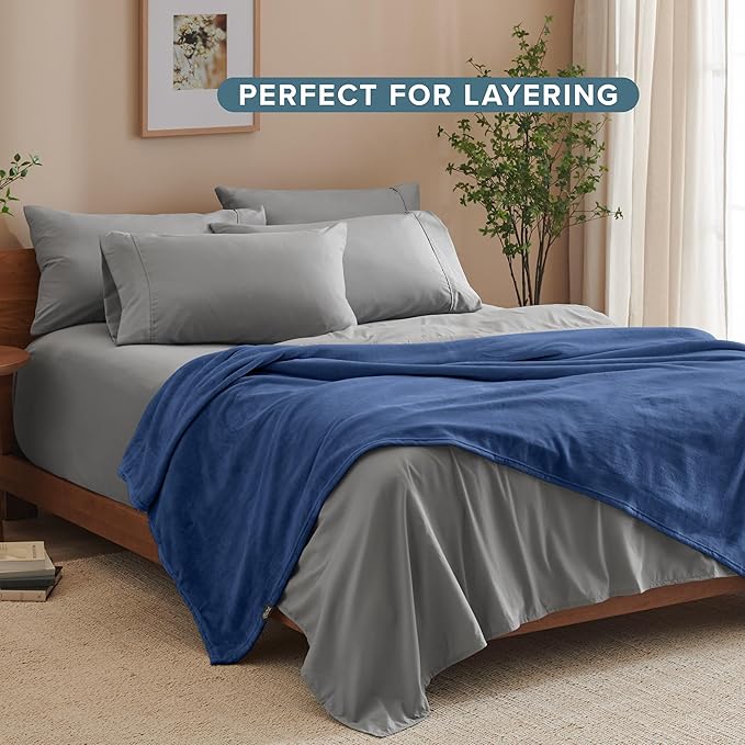 Bare Home Fleece Blanket - Full/Queen - Ultra-Soft Lightweight for Bed, Sofa, and Couch - Luxury Microplush - Cozy Warm Blanket (Full/Queen, Dark Blue)