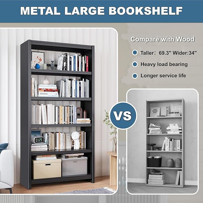 69" Metal Bookshelf,6 Tier Library Bookcase,Bedroom Bookshelves and Bookcases,Tall Book Case/Shelves for Living Room,Office,Black Large Bearing Book Shelf