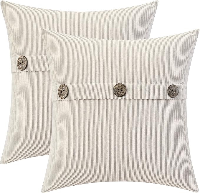 HWY 50 Beige Chenille Throw Pillow Covers 18x18 Inch with Triple Buttons, Soft Farmhouse Accent Decorative Cushion Cases for Couch Sofa Bed Living Room Bedroom Pack of 2