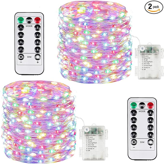 2 Pack 100LED Battery Operated Fairy Lights with Remote, 8 Modes LED String Lights with Timer, Dimmable, Memory Function, Waterproof Twinkle Lights for Outdoor Indoor Christmas Decor(Multicolor)