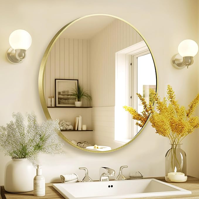 28 inch Gold Frame Mirror for Wall, Brushed Matte Gold Metal Round Mirror for Bathroom Vanity, Bedroom Decor, Living Room, Entryway