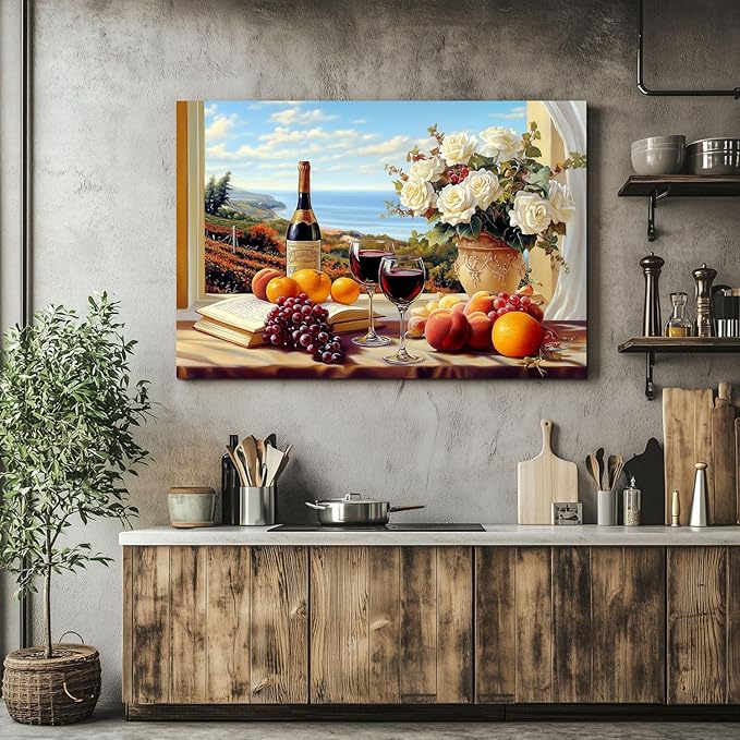 superbpag - Kitchen Still Life Canvas Wall Art, Fruit Grapes Wine Bottles Food Dining Room Wall Art, Contemporary Kitchen Vintage Canvas Print Oil for Living Room Home Decor 24x18 Inch
