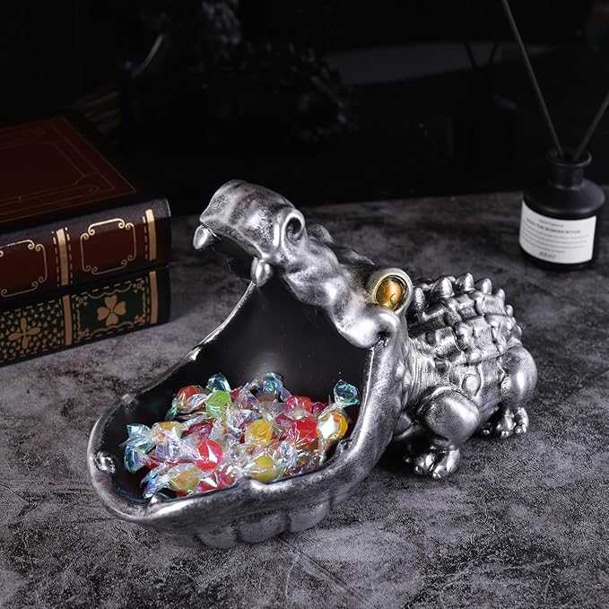 Alligator Statue Key Bowl, Fun Animal Statue Candy Dish for Entryway Decorative Bowl, Office Candy Dish, Big Mouth Sculpture Home Living Room Trinket Container Storage Box (Silver)