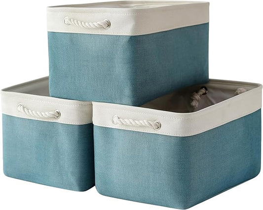 TheWarmHome Organization and Storage basket for Organizing - 3 Pack 16x12x12 inch Cube Storage Bin for Shelves, Fabric Storage Cubes for Organizer Cloth Closet Toy Box (White &amp; Green)