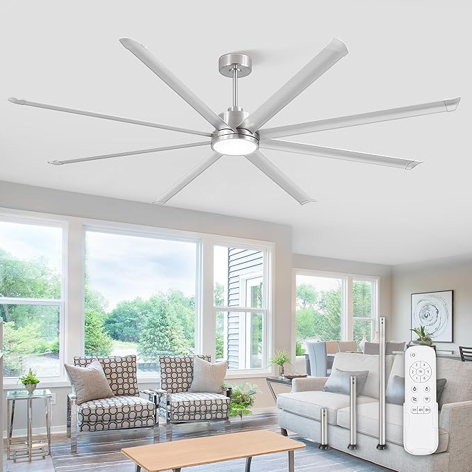 ZMISHIBO 96 Inch Ceiling Fans with Lights, Large Indoor/Outdoor Industrial Ceiling Fan with 8 Aluminum Reversible Blades, Quiet DC Motor, 3CCT&6-Speed Remote Control, Damp Rated for Gazebo/Living Room