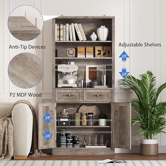 71.4" Tall Bookshelf with Drawers &amp; Cabinet, 5-Tier Floor Standing Bookcase with Storage Doors, Adjustable Shelves &amp; Metal Handles, 31.5" Wide Organizer for Home Office, Living Room