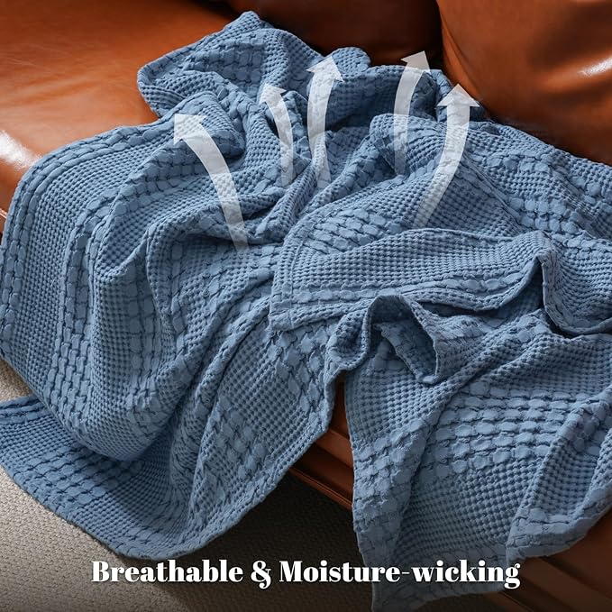 PHF 100% Cotton Waffle Weave Blanket Queen Size for Bed, Soft Lightweight &amp; Breathable, All-Season Comfort, Luxury Aesthetic Woven Bedding for Home Decor, 90"x90", Captain's Blue