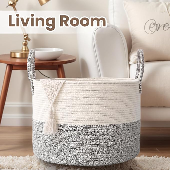 Woven Blanket Basket,115L Large Rope Storage Bin with Handles, Organizer for Blankets Toys Book and Clothes, Laundry Basket for Living Room Bedroom Nursery,White&amp;Grey