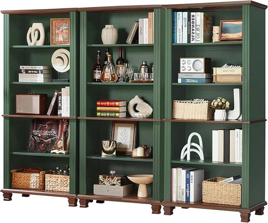 70" Tall Green Bookshelf,5 Tier Wooden Book Shelf with Adjustable Shelves &amp; Wood Legs,Free Standing Farmhouse Bookcase with Open Display Storage,Vintage Bookshelfs for Library, 3PCS