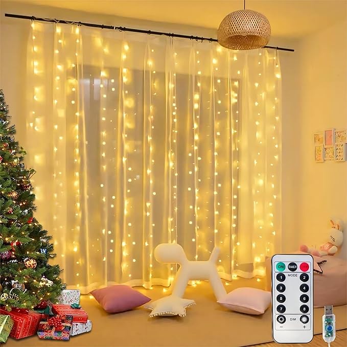 Honche 300Led Cuttable Curtain String Lights 10x10ft with Remote Window Lights for Bedroom Wedding Party Festive Season Propose Marriage (Warm White)