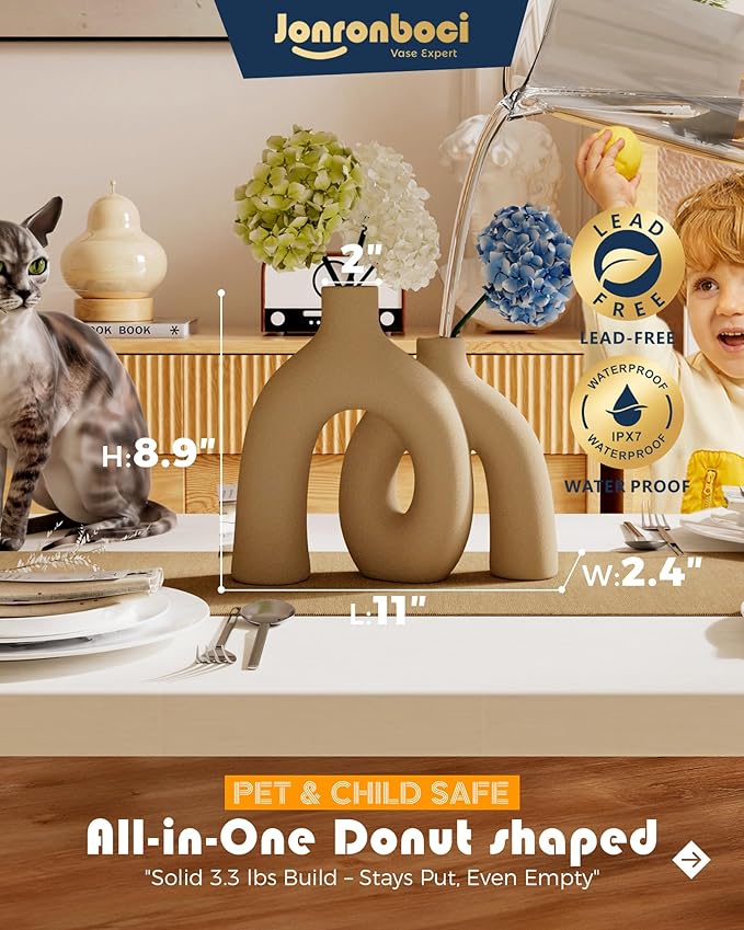 Hug Donut Decorative Vase Set - Tan Modern Rustic Farmhouse Style Vases Home Decor,Matte Ceramic Decorations for Living Room Shelf, Bookshelf Mantle Entryway Table Centerpiece or Console Décor(Brown)