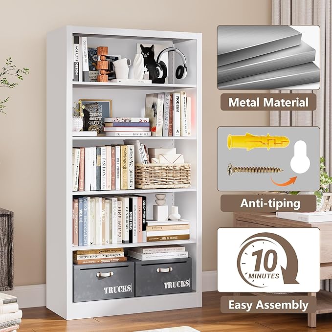 Book Shelf Organizer, Metal Bookshelves Adjustable, 5 Tier White Bookcase, Heavy Duty Open Bookshelf for Office, Living Room, Library, Bedroom, 55" Tall