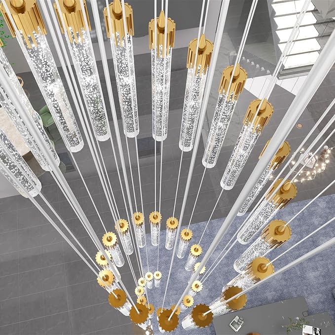 12-Light Staircase Long Pendant Light Fixture Large Chandeliers for High Ceiling Light LED Bulbs for Living Room Foyer Hallway Gold Crystal Pendant Light for Kitchen Island